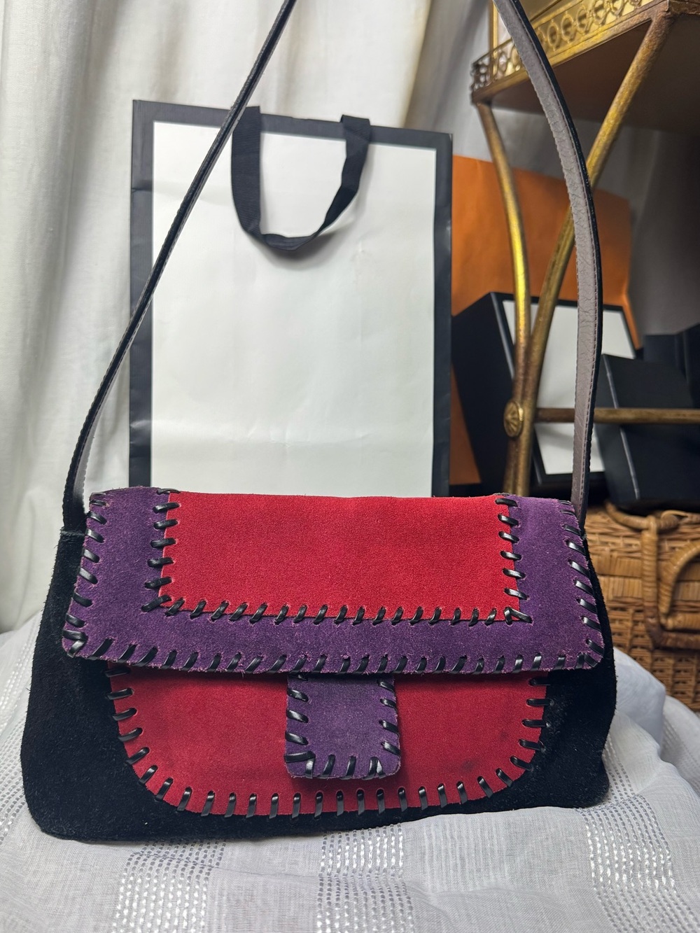 Vintage Preston & York suede Patchwork Shoulder Bag Purple & Black